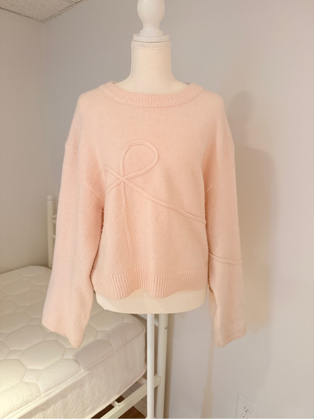 Divided Soft Pink Crewneck Sweater with Ribbon Stitch Detail